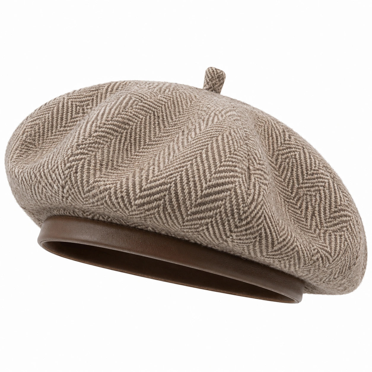 Béret taille unique en tissu beige motif chevrons avec bande effet cuir style classique